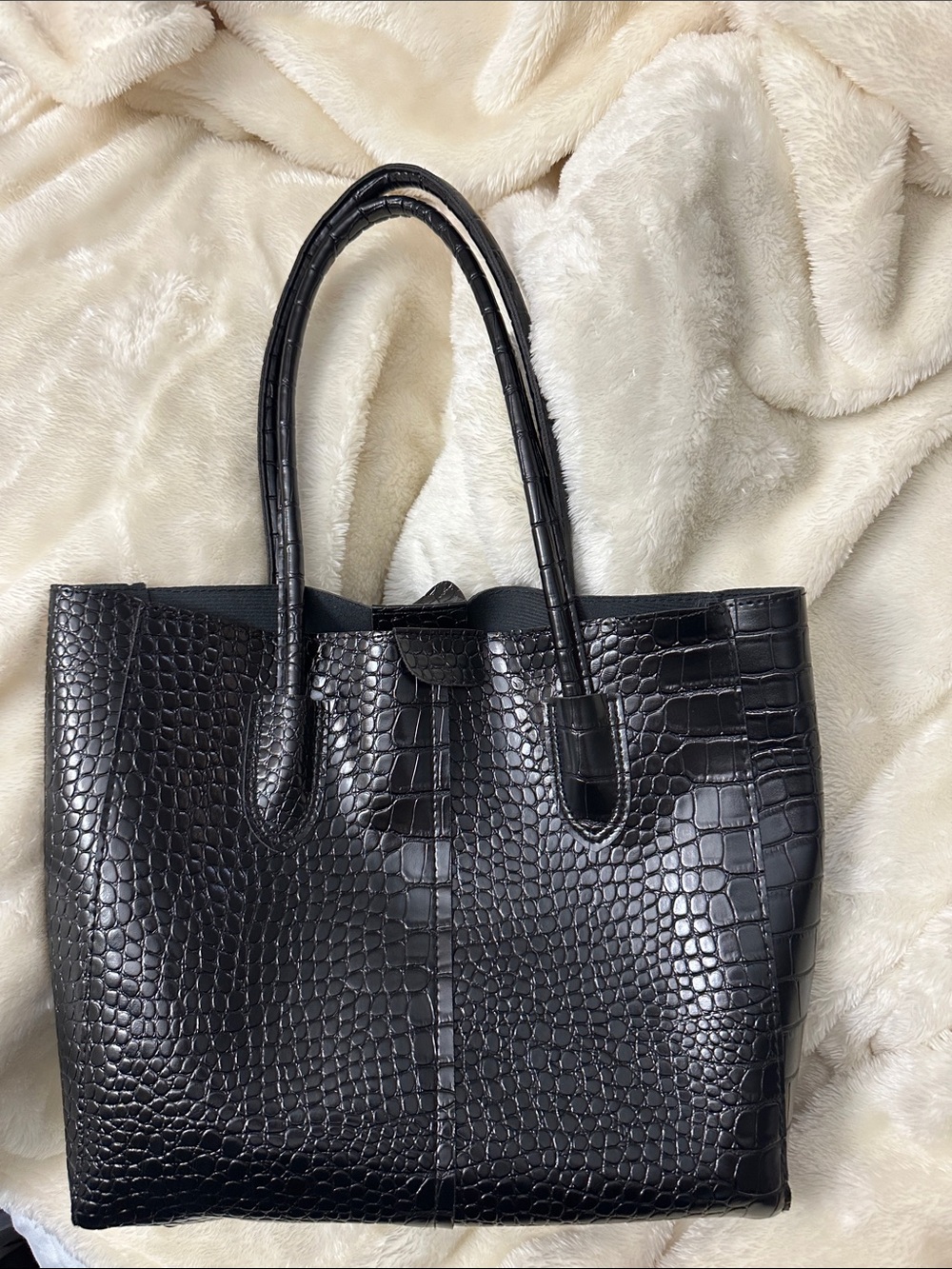 Classic Black Croc-Embossed Faux-Leather Tote Bag